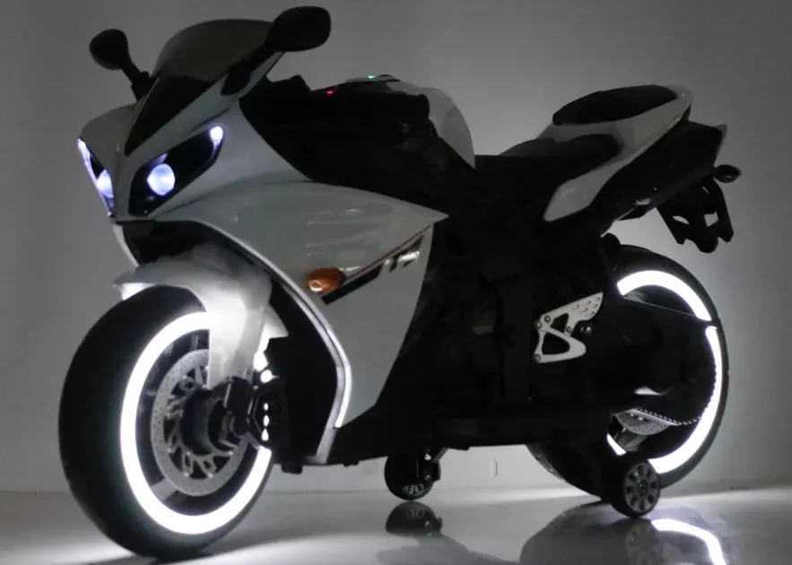 12V BIG White R1 Kids Children Bike – Battery Operated Ride On Bike With LED Lights and Wheel lights