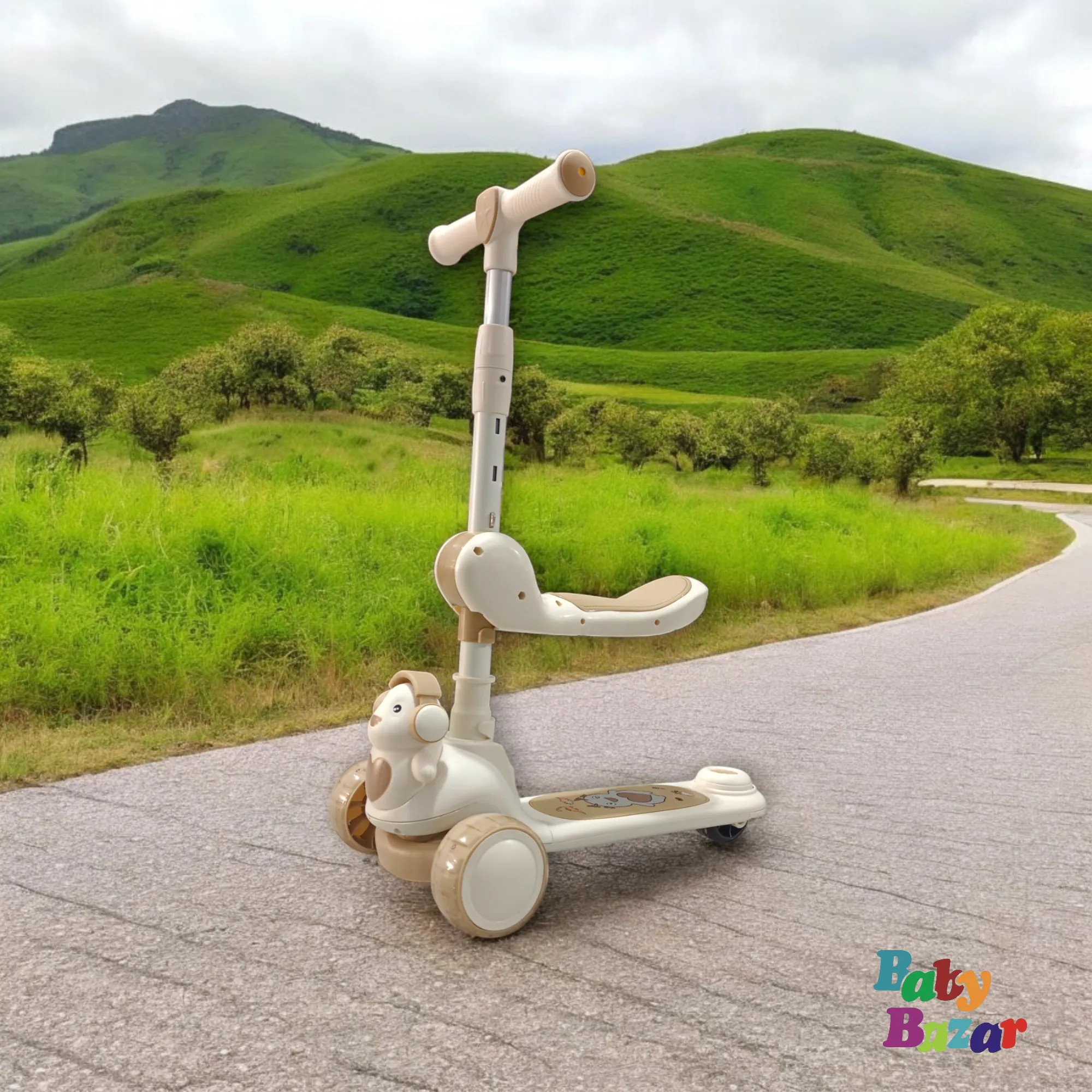3-Wheel Foldable Kids Scooter with LED Light Up Wheels – Off White With Light Beige Color
