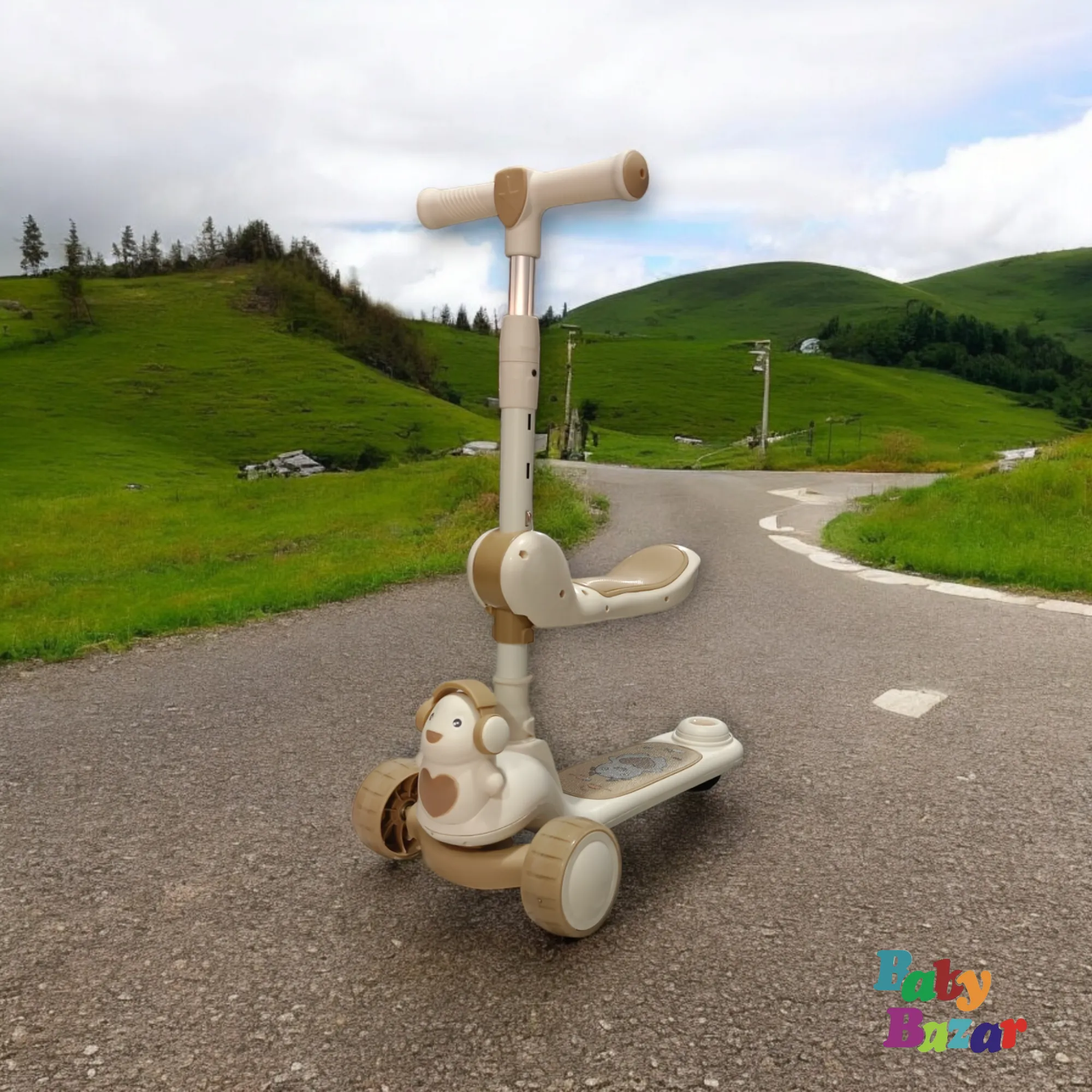 3-Wheel Foldable Kids Scooter with LED Light Up Wheels – Off White With Light Beige Color