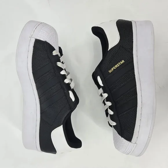ADIDAS Superstar Black on Black Gold Logo Size 6