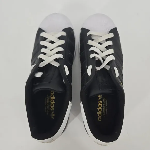ADIDAS Superstar Black on Black Gold Logo Size 6