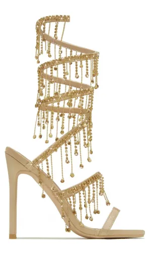 Arabella Rhinestone Tassel Stiletto Heels - Gold