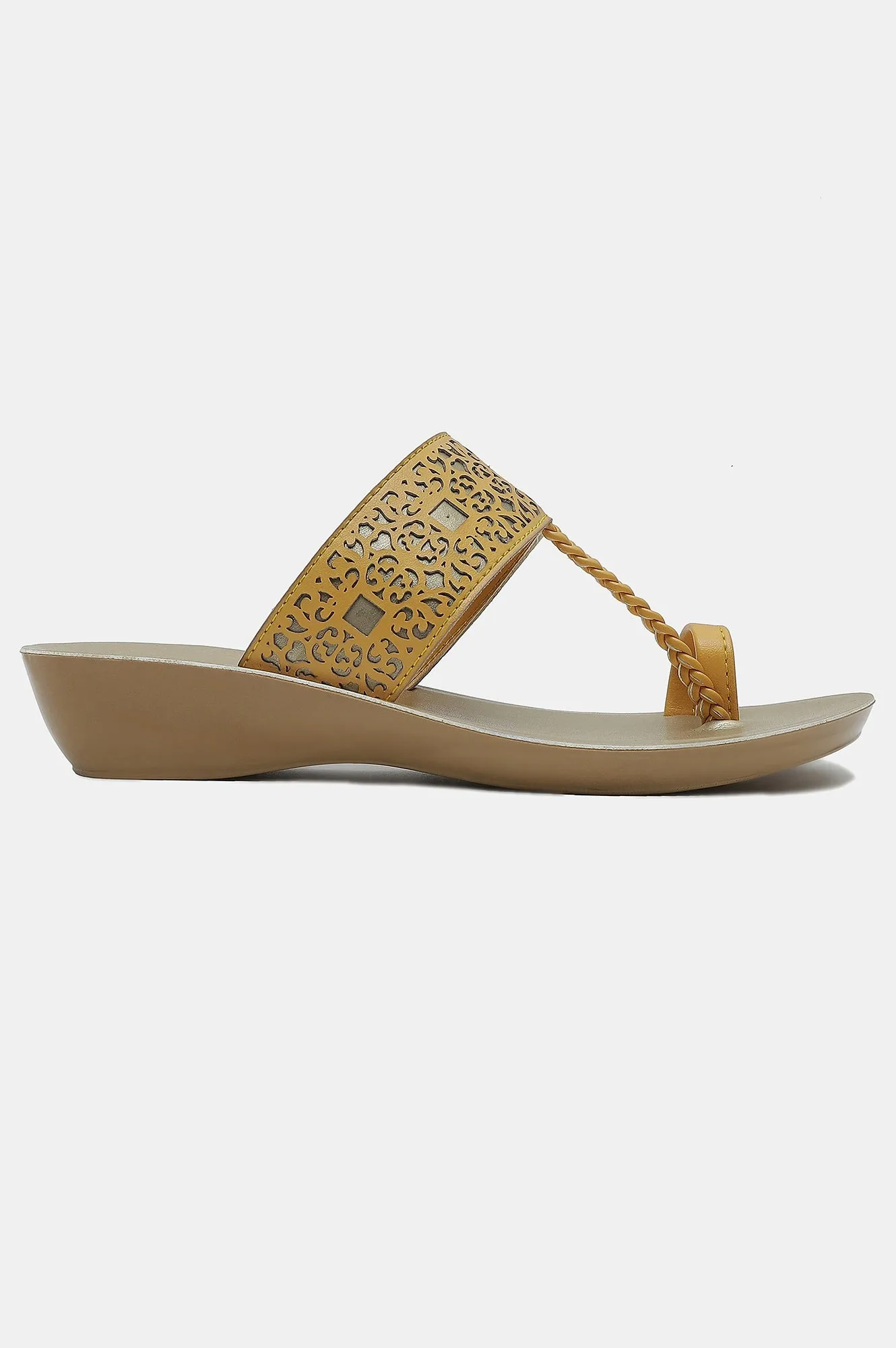 Aurelia Mustard Laser Cut Almond Toe Wedge-Zjolie