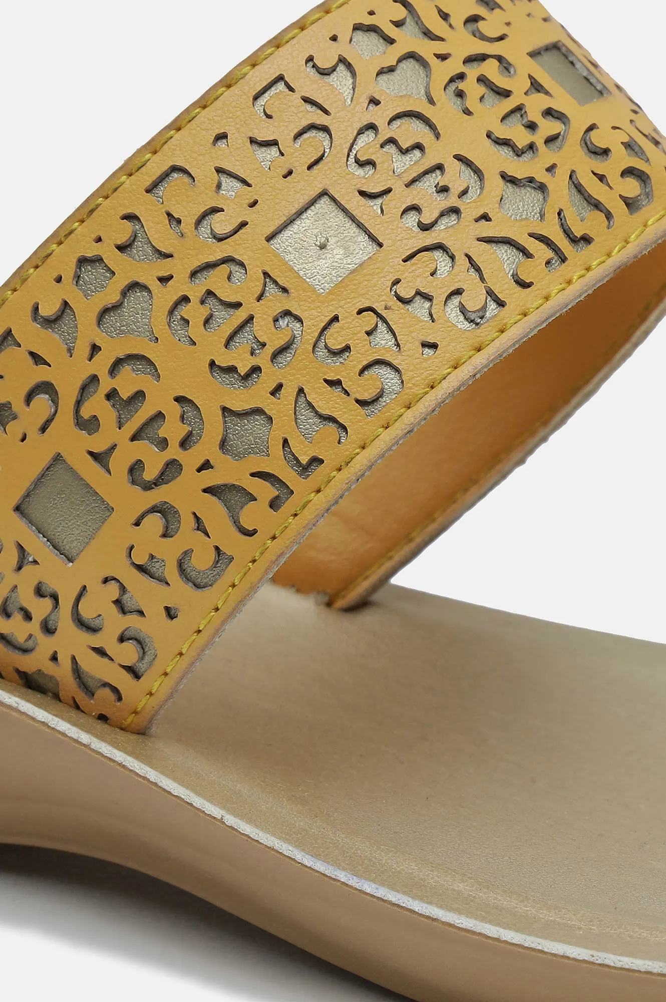 Aurelia Mustard Laser Cut Almond Toe Wedge-Zjolie