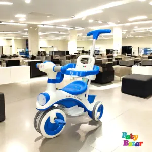 Baby Tricycle with Canopy & Parental Handle – White & Blue Ride-On with Sunroof, Music & Premium Quality