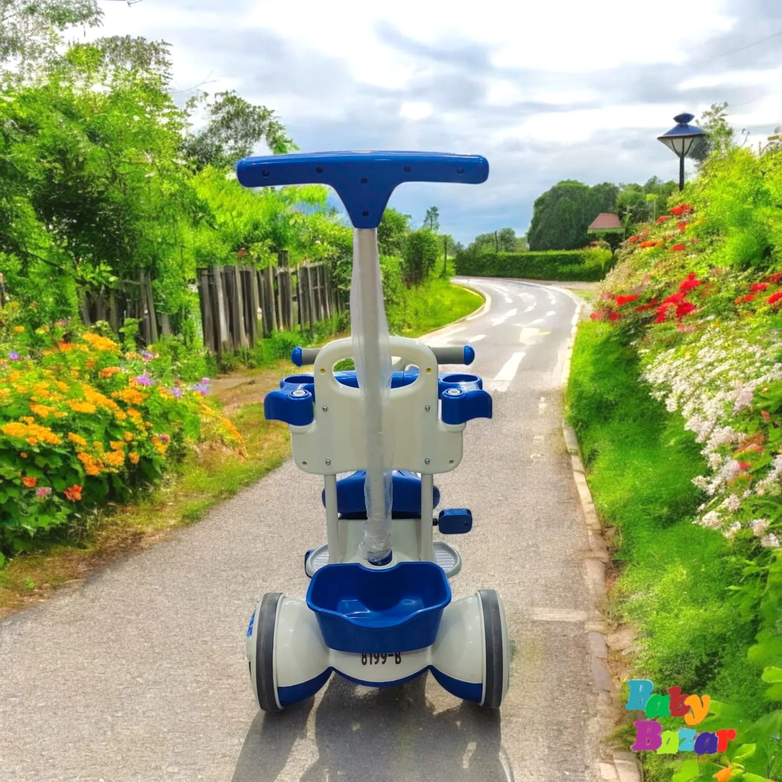 Baby Tricycle with Canopy & Parental Handle – White & Blue Ride-On with Sunroof, Music & Premium Quality