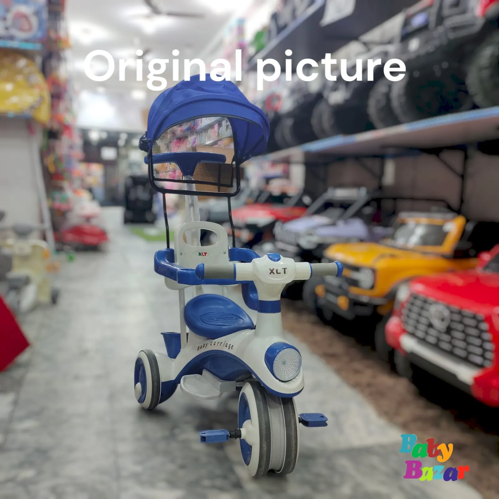 Baby Tricycle with Canopy & Parental Handle – White & Blue Ride-On with Sunroof, Music & Premium Quality