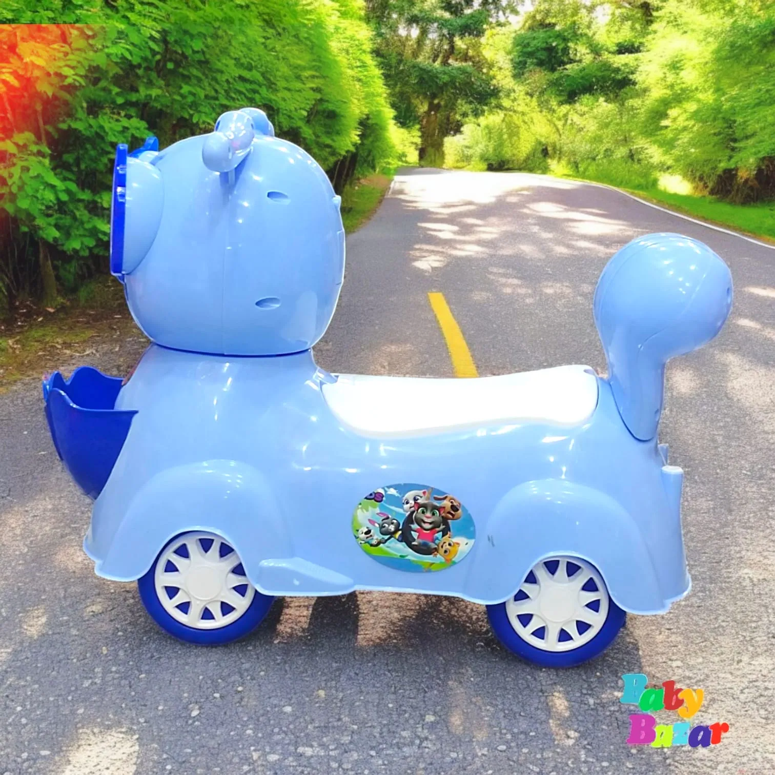 Blue Cartoon Animal Ride On Toy Car for Kids 27x17 Inches Push Ride with Storage & Fun Stickers