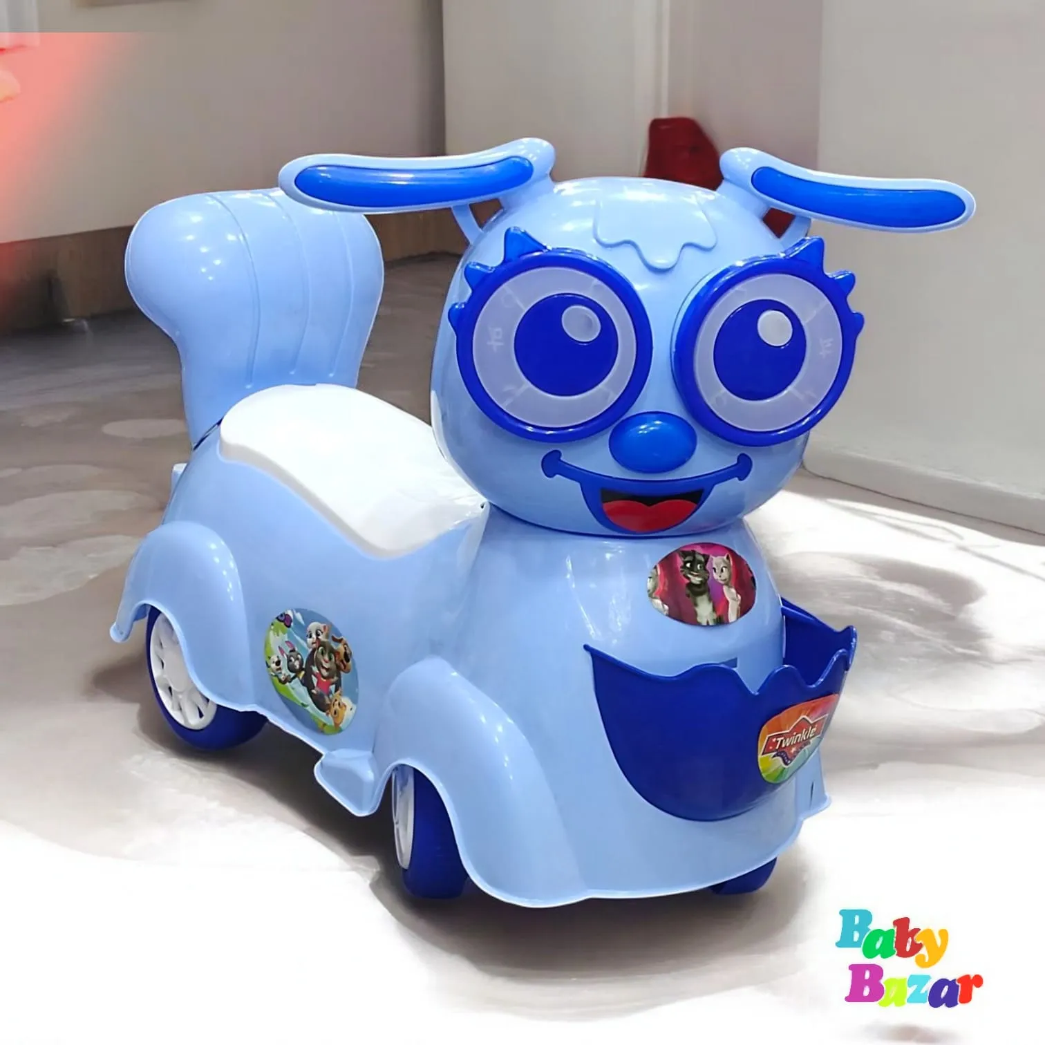Blue Cartoon Animal Ride On Toy Car for Kids 27x17 Inches Push Ride with Storage & Fun Stickers