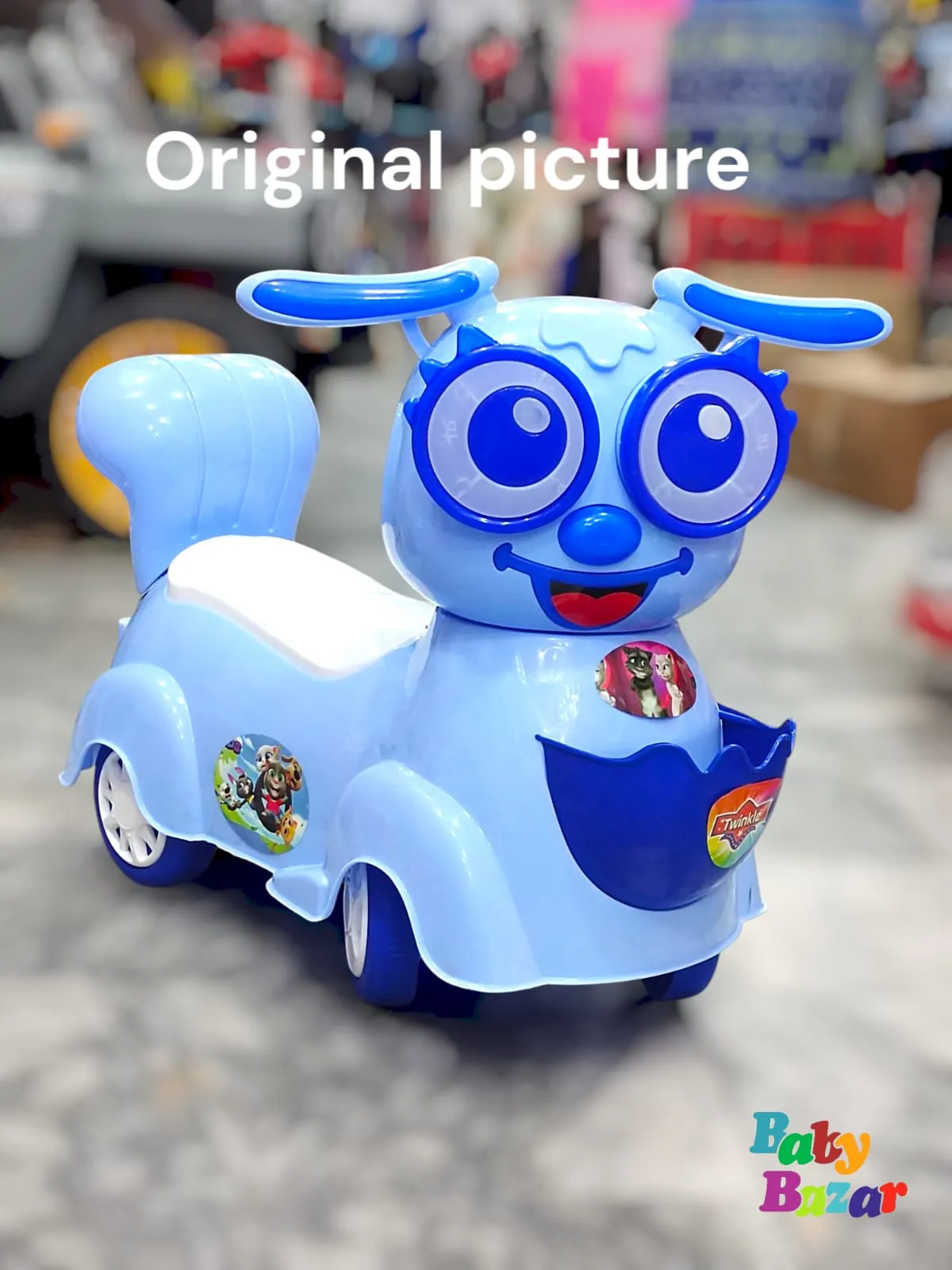 Blue Cartoon Animal Ride On Toy Car for Kids 27x17 Inches Push Ride with Storage & Fun Stickers