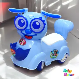Blue Cartoon Animal Ride On Toy Car for Kids 27x17 Inches Push Ride with Storage & Fun Stickers