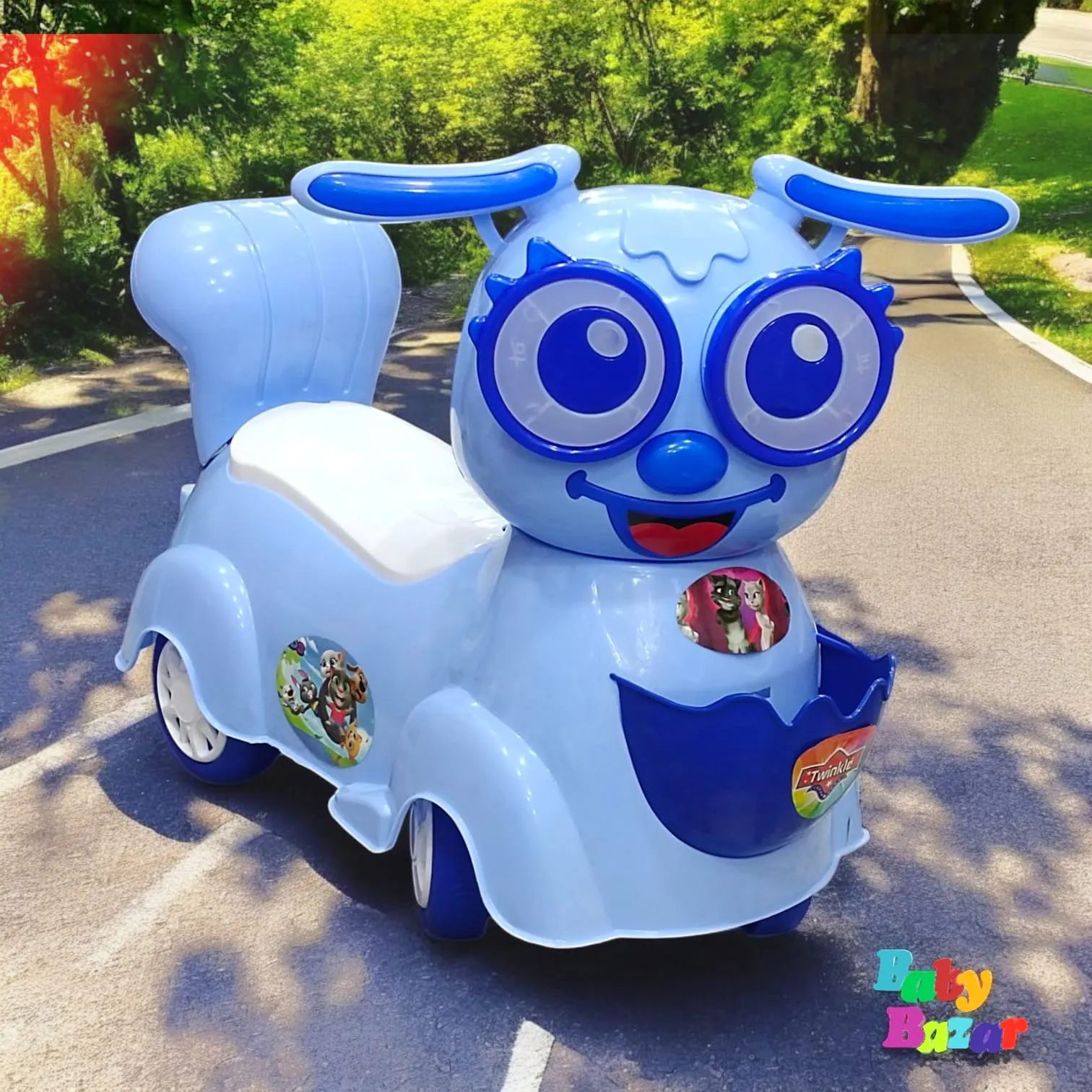 Blue Cartoon Animal Ride On Toy Car for Kids 27x17 Inches Push Ride with Storage & Fun Stickers