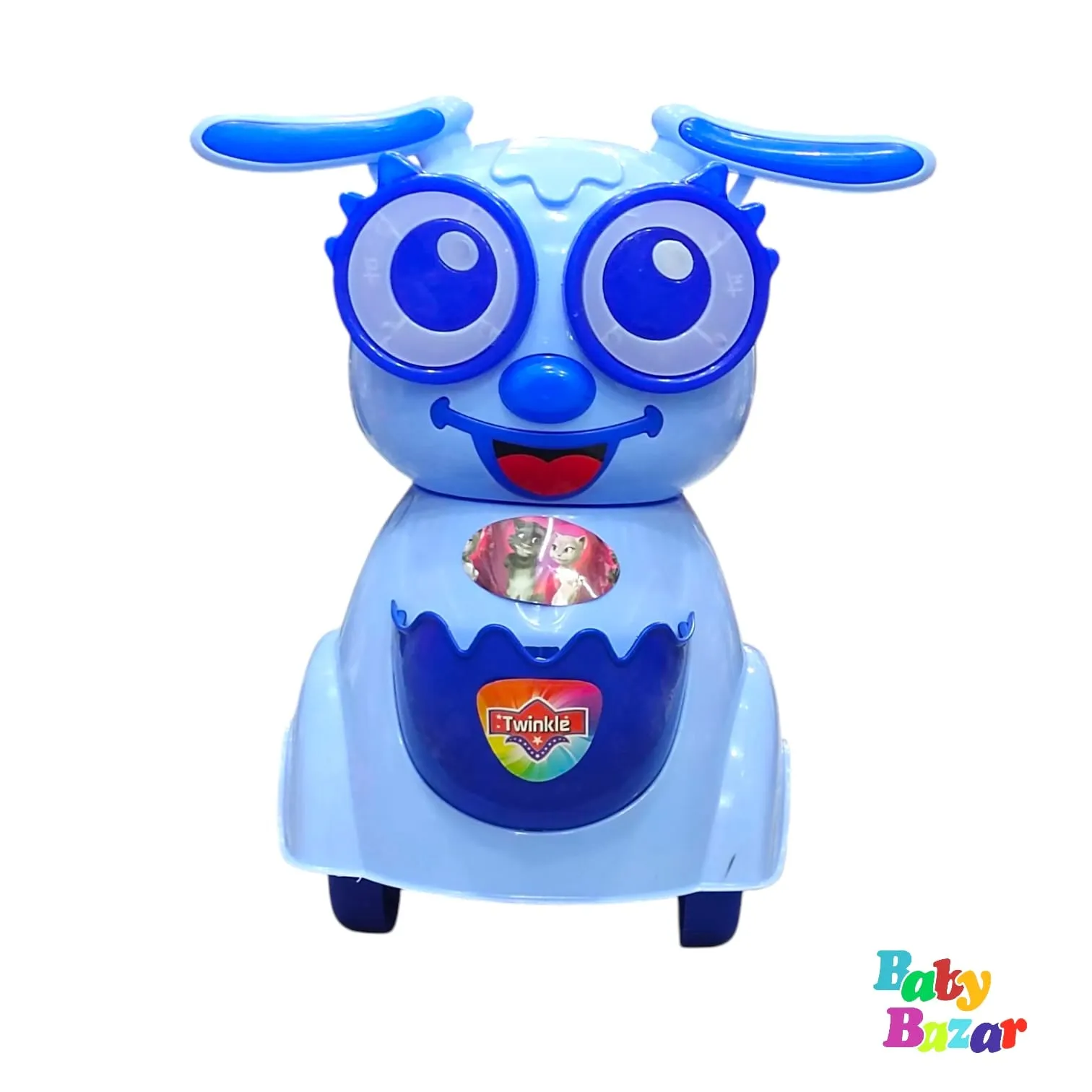 Blue Cartoon Animal Ride On Toy Car for Kids 27x17 Inches Push Ride with Storage & Fun Stickers
