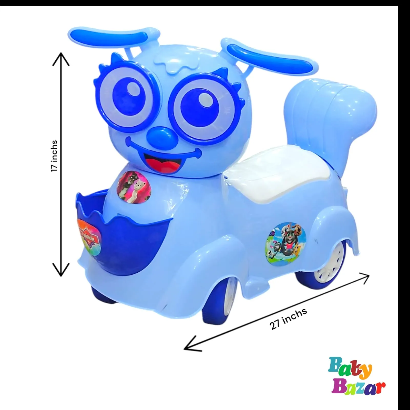 Blue Cartoon Animal Ride On Toy Car for Kids 27x17 Inches Push Ride with Storage & Fun Stickers
