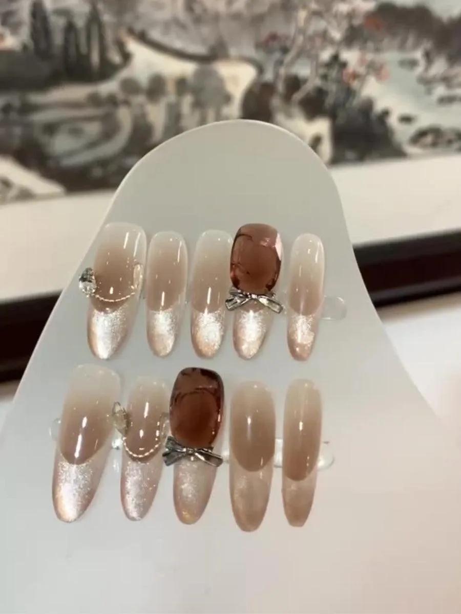 Bow Diamond Glitter Brown Press On Nails LF377