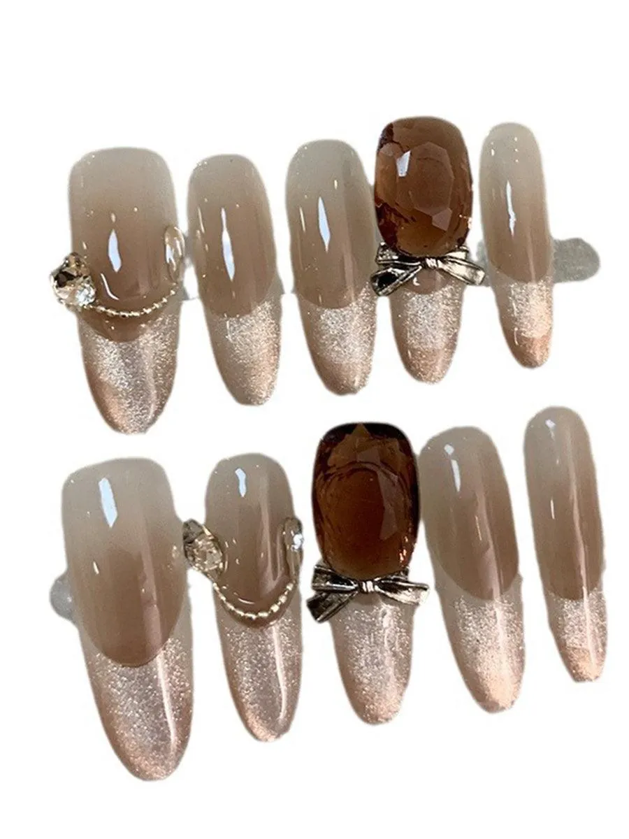 Bow Diamond Glitter Brown Press On Nails LF377