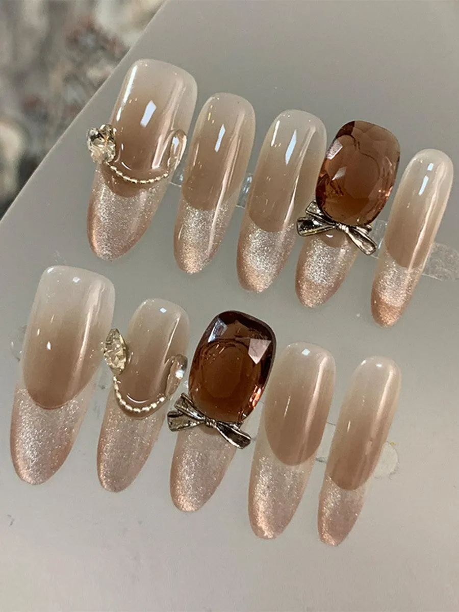 Bow Diamond Glitter Brown Press On Nails LF377