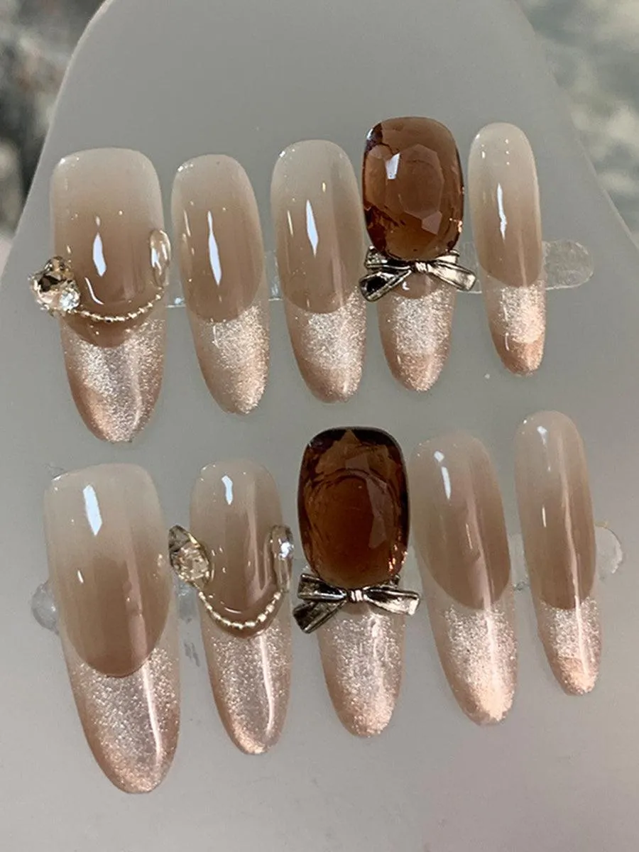 Bow Diamond Glitter Brown Press On Nails LF377