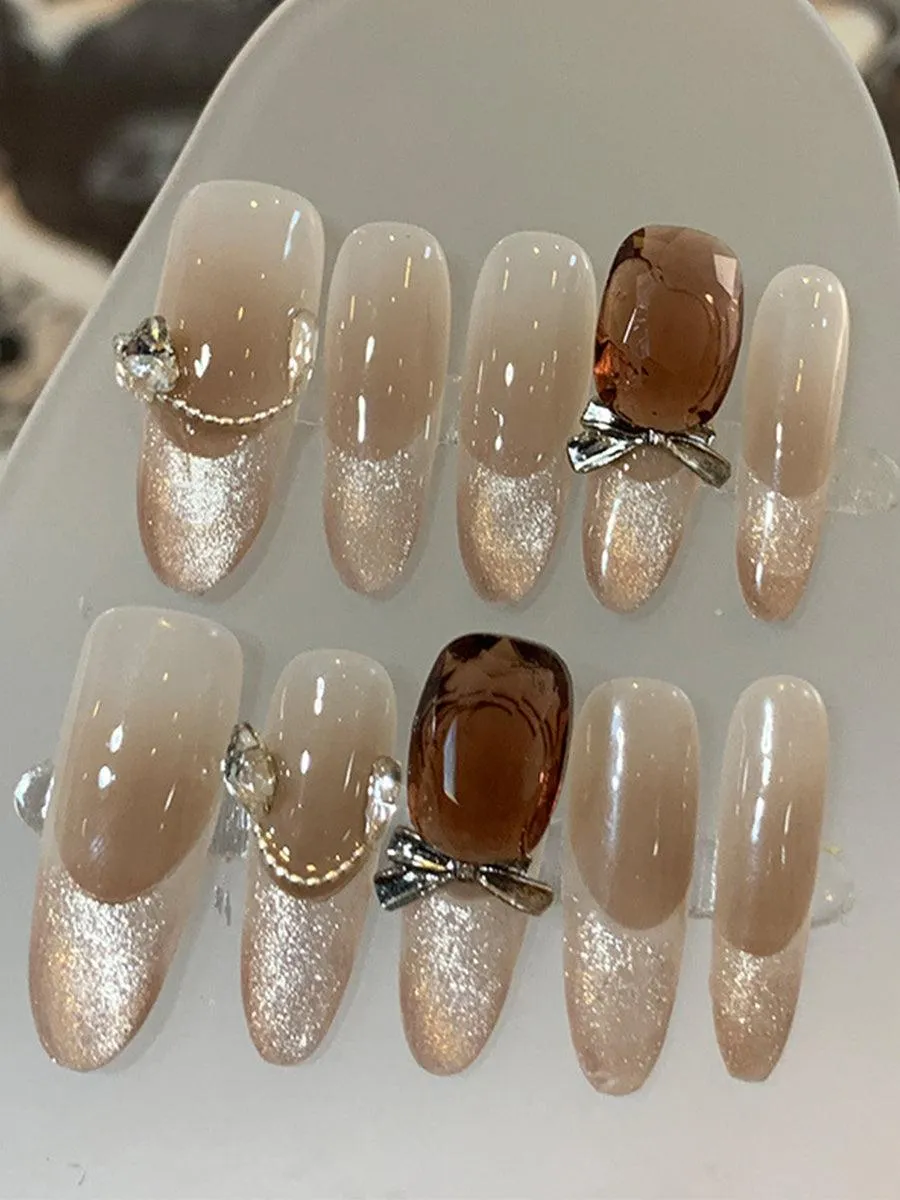Bow Diamond Glitter Brown Press On Nails LF377
