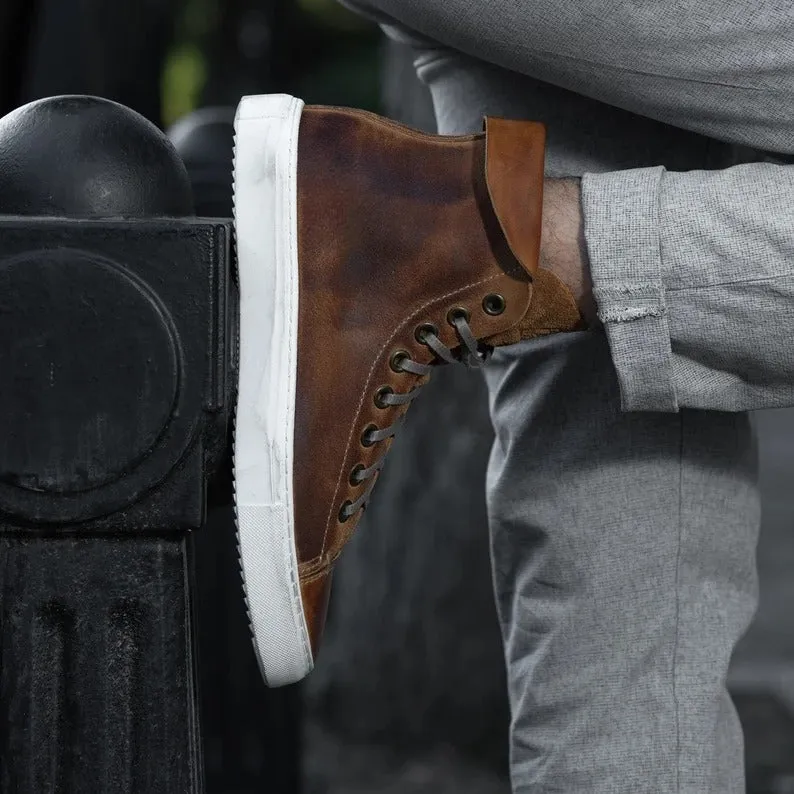 Brown Oiled Plugged Leather High Top Lace Up Sneakers With White Sole - Sneaker Shoes