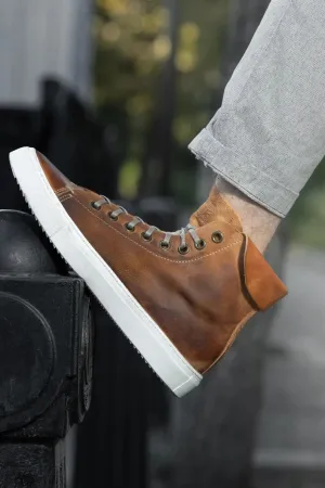 Brown Oiled Plugged Leather High Top Lace Up Sneakers With White Sole - Sneaker Shoes