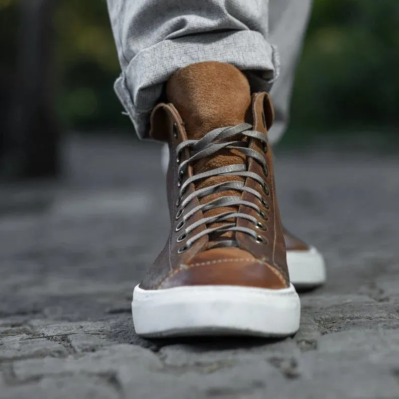 Brown Oiled Plugged Leather High Top Lace Up Sneakers With White Sole - Sneaker Shoes