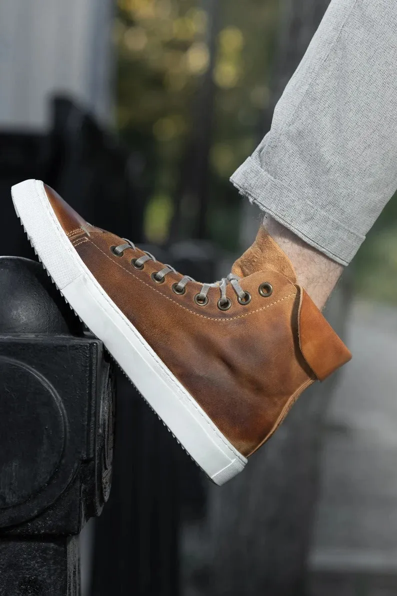 Brown Oiled Plugged Leather High Top Lace Up Sneakers With White Sole - Sneaker Shoes