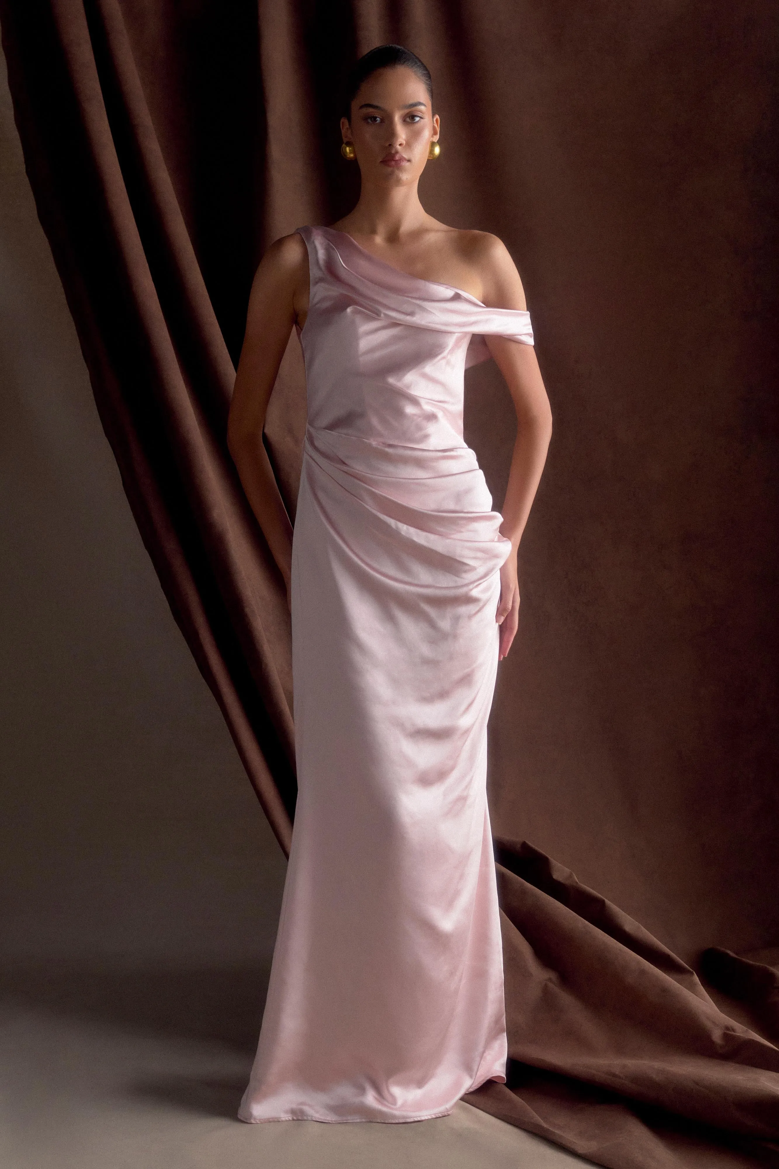Dalia Off Shoulder Satin Maxi Dress - Soft Pink