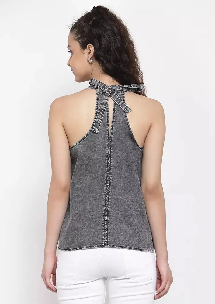 Denim Tie Neck Halter Top