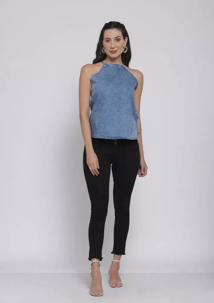 Denim Tie Neck Halter Top