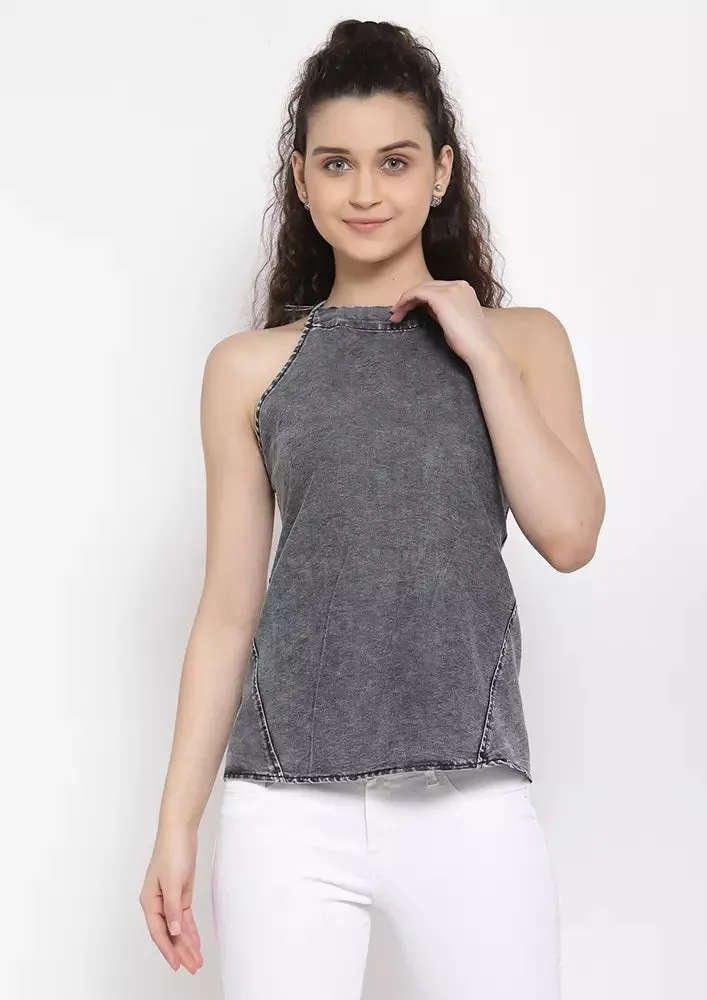 Denim Tie Neck Halter Top