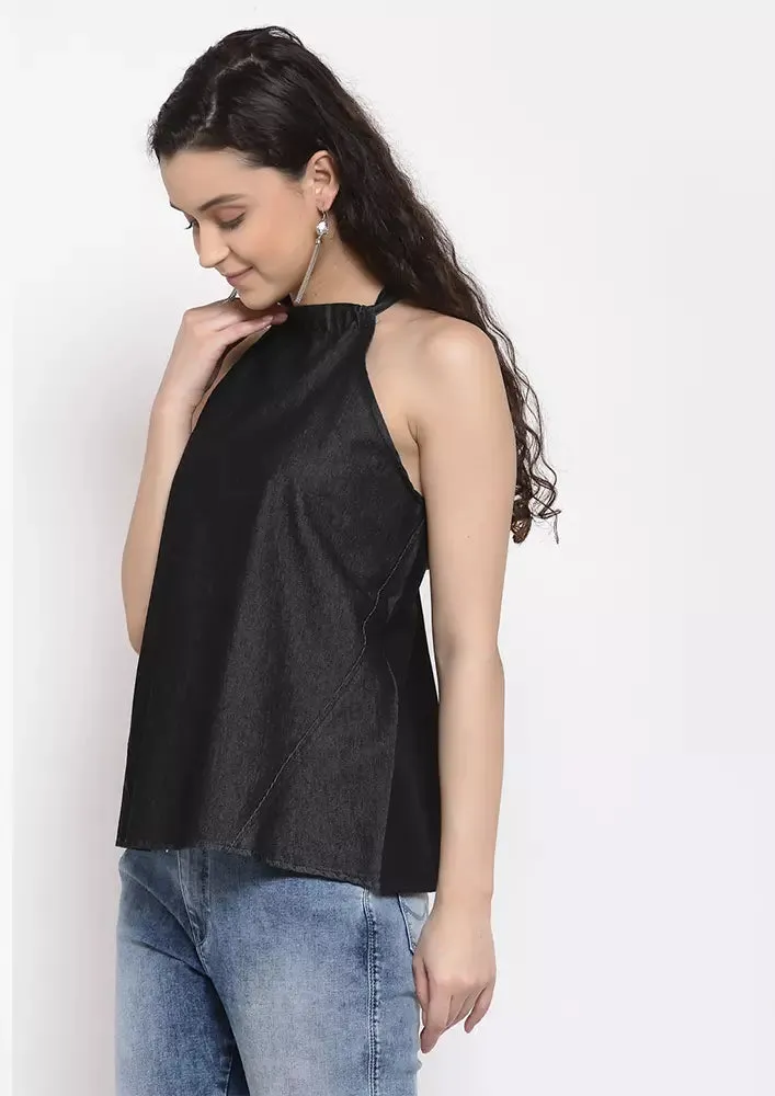 Denim Tie Neck Halter Top