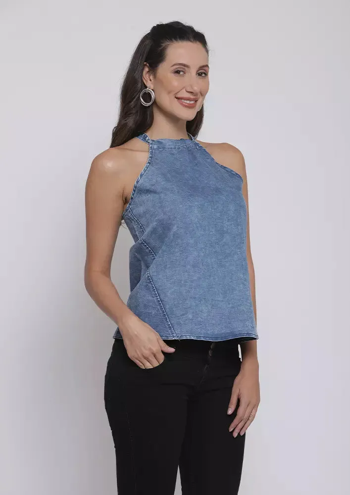 Denim Tie Neck Halter Top