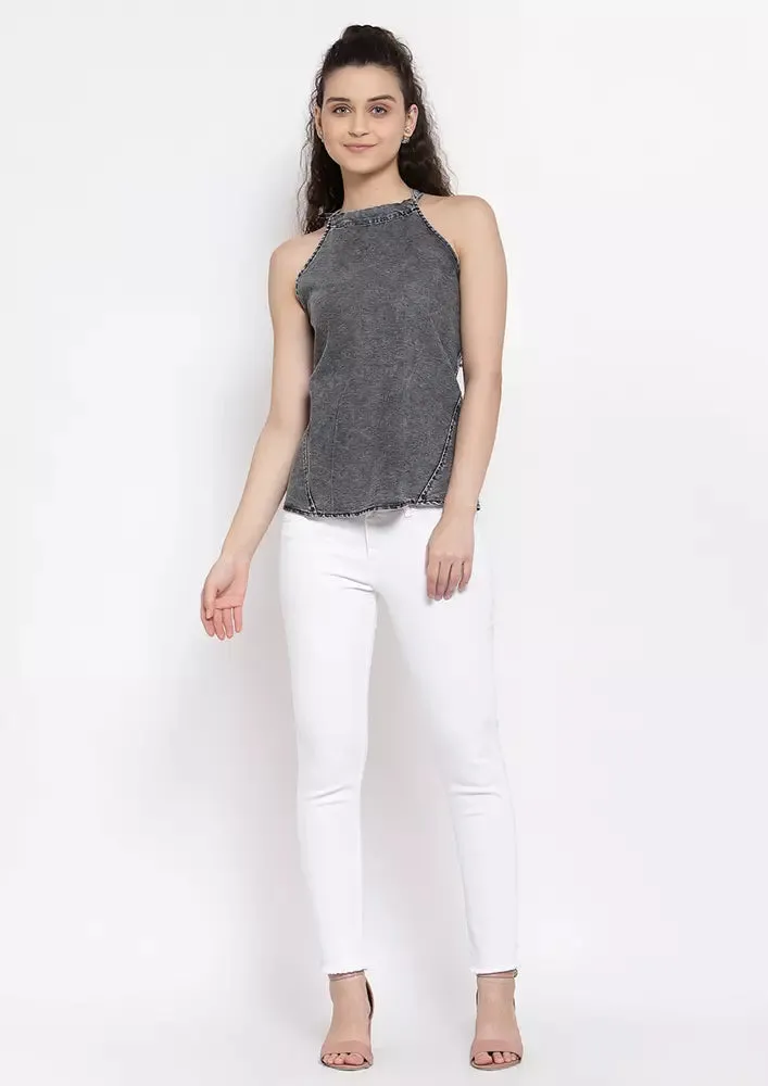 Denim Tie Neck Halter Top