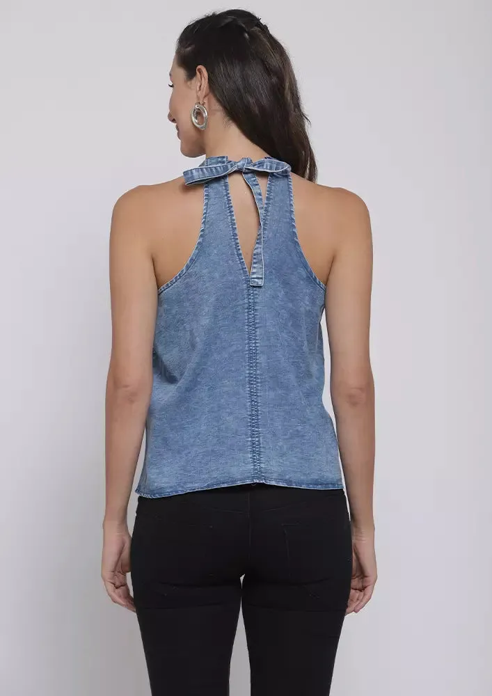 Denim Tie Neck Halter Top