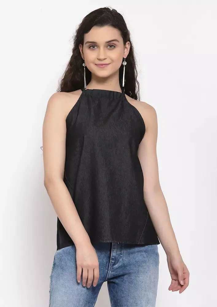 Denim Tie Neck Halter Top