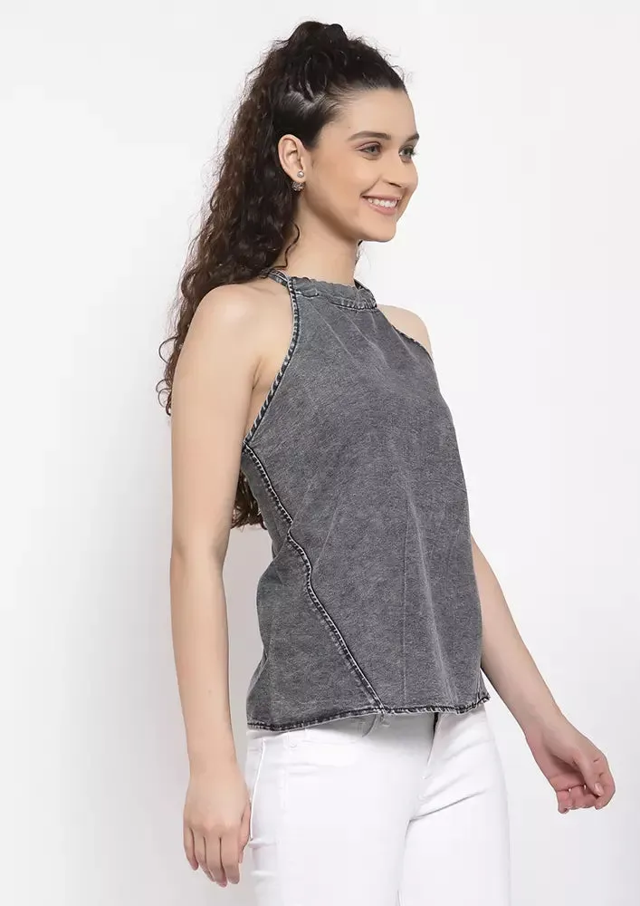 Denim Tie Neck Halter Top