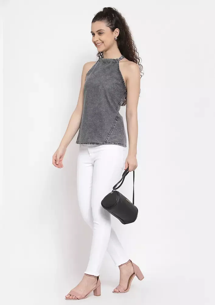 Denim Tie Neck Halter Top