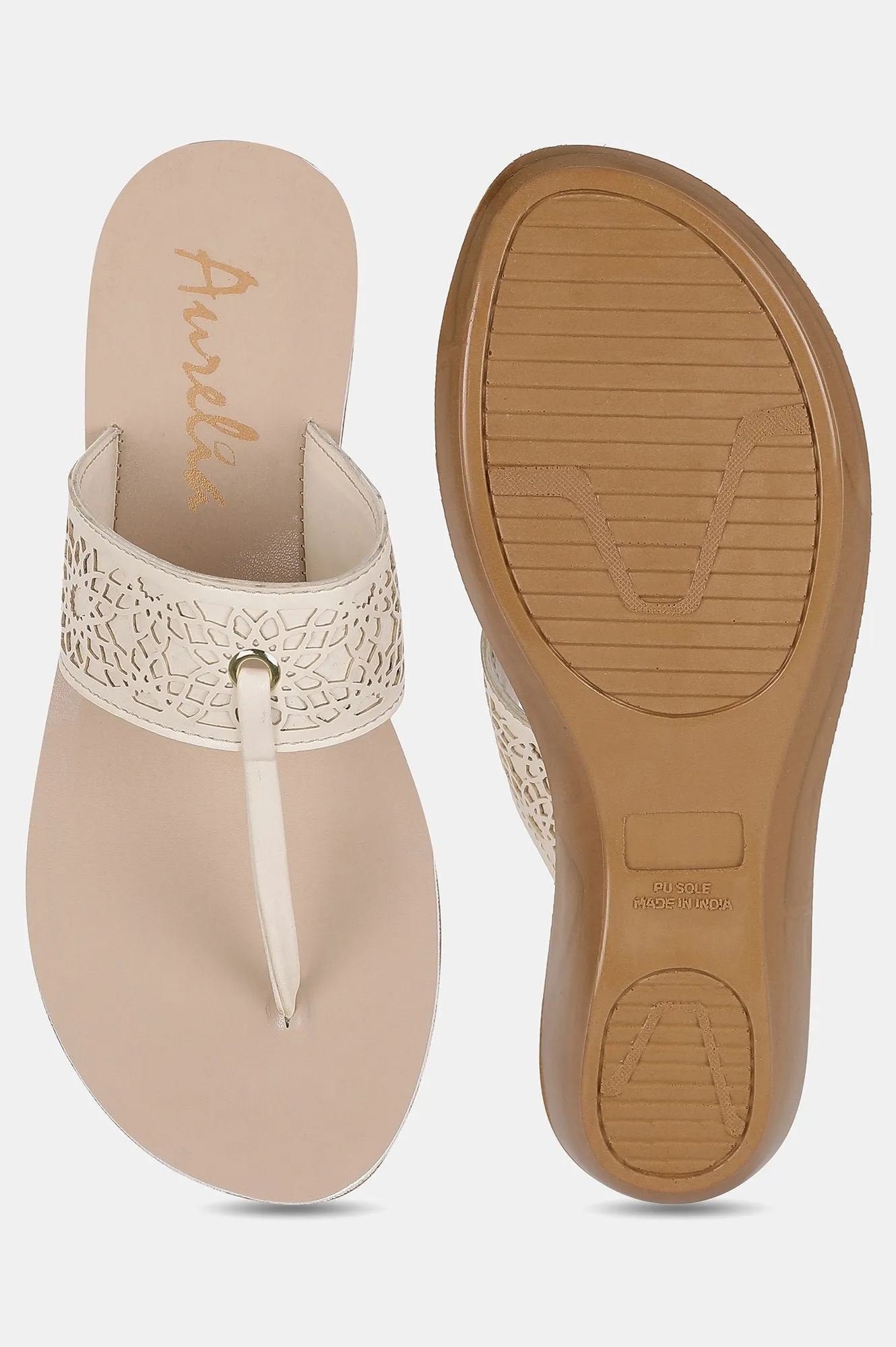 Ecru Almond Toe Laser Cut Wedge - ZCynthia