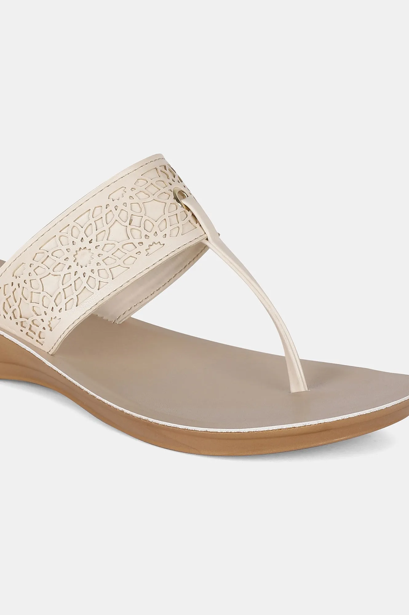 Ecru Almond Toe Laser Cut Wedge - ZCynthia