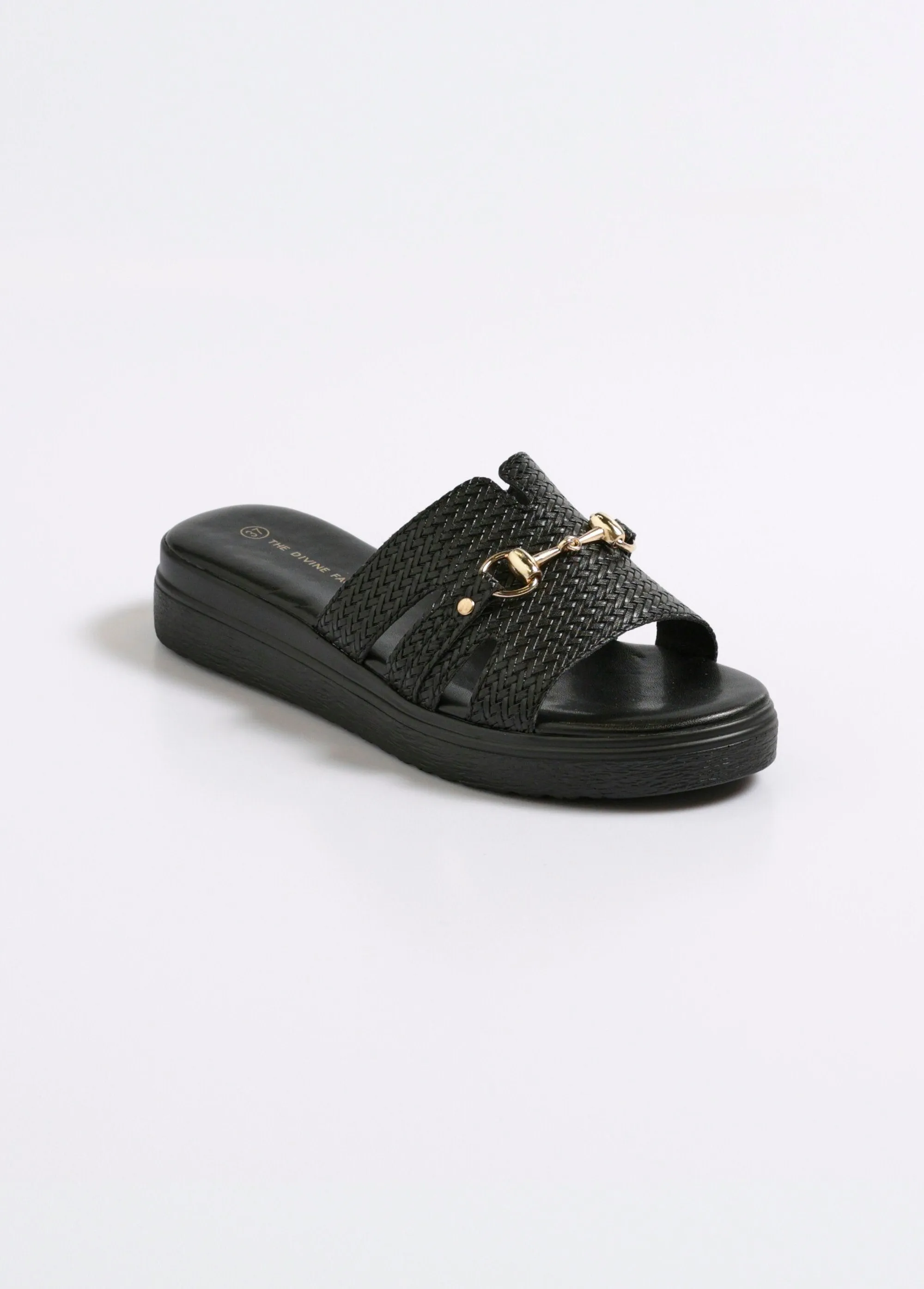 Faux leather mules with herringbone pattern and metal detail