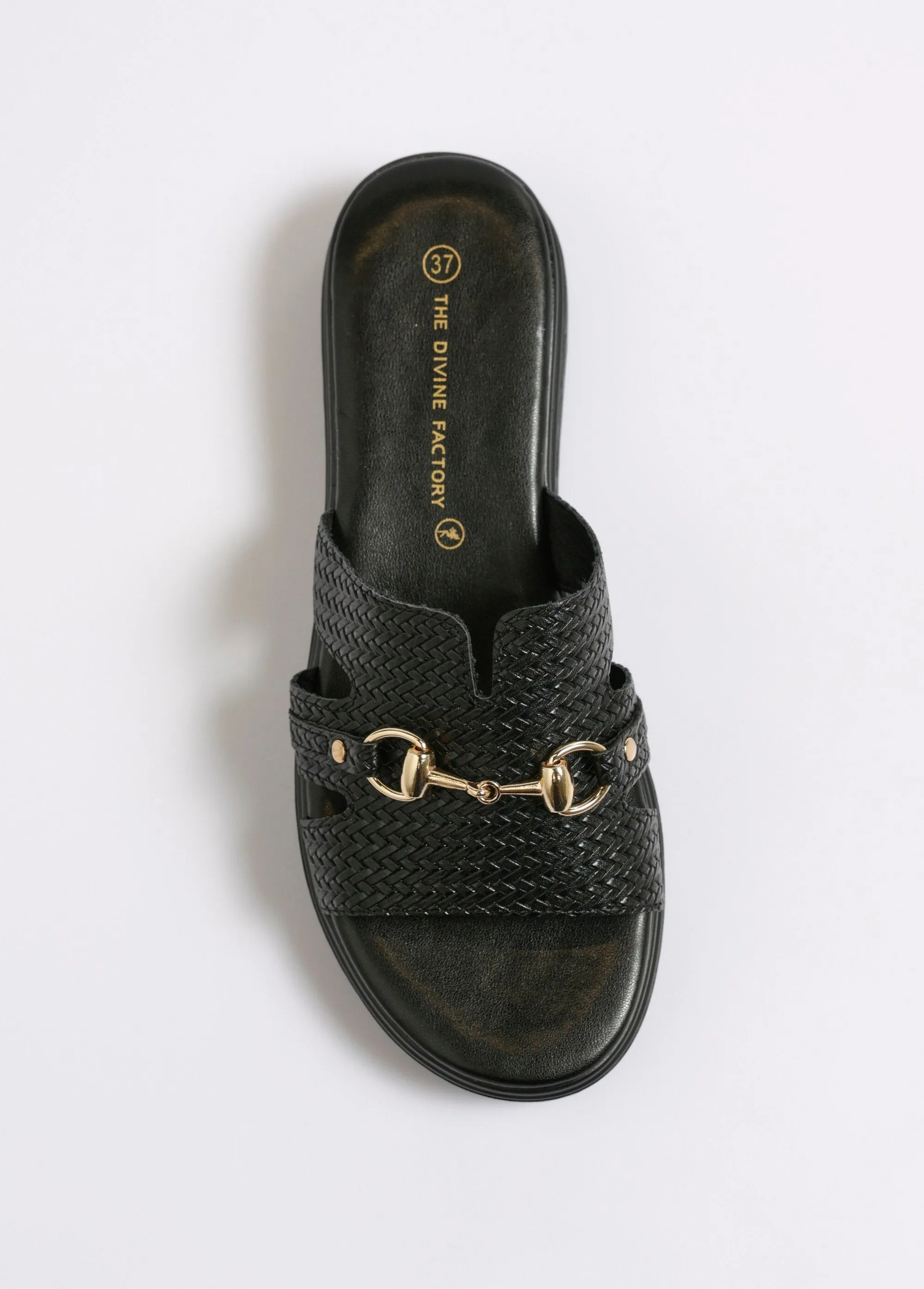 Faux leather mules with herringbone pattern and metal detail