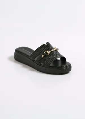 Faux leather mules with herringbone pattern and metal detail