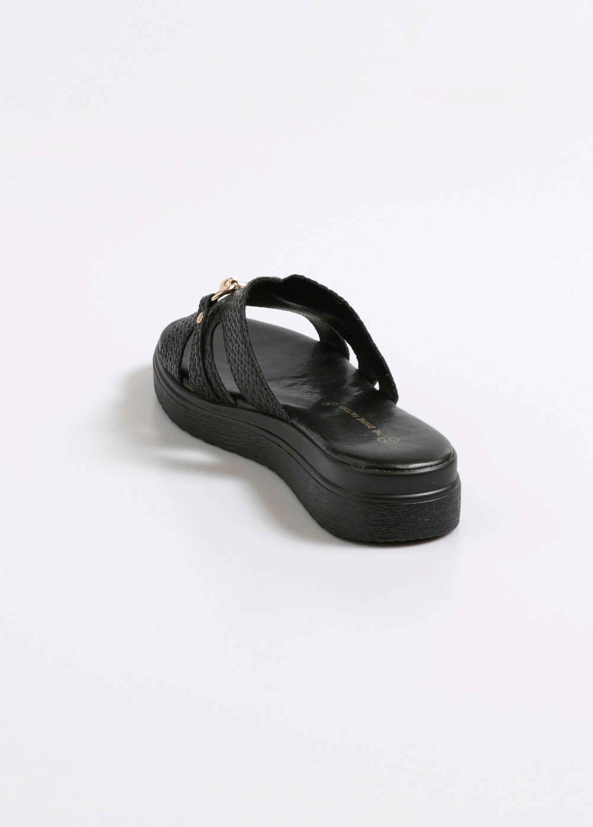 Faux leather mules with herringbone pattern and metal detail