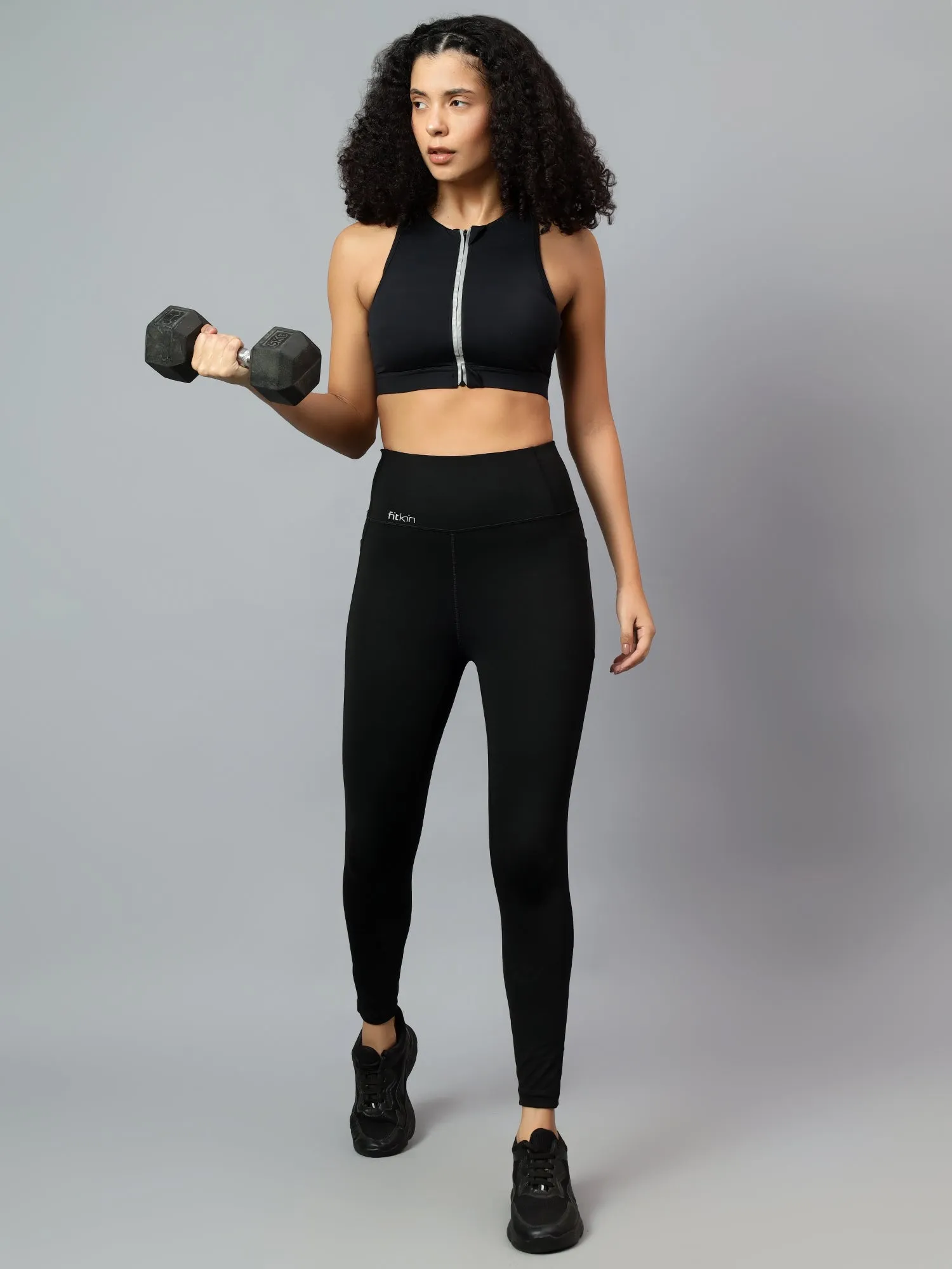 Fitkin Women's Black Side Stripe Biker Tights