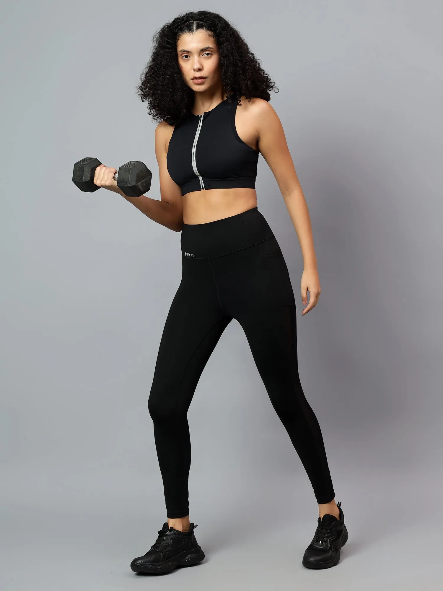 Fitkin Women's Black Side Stripe Biker Tights