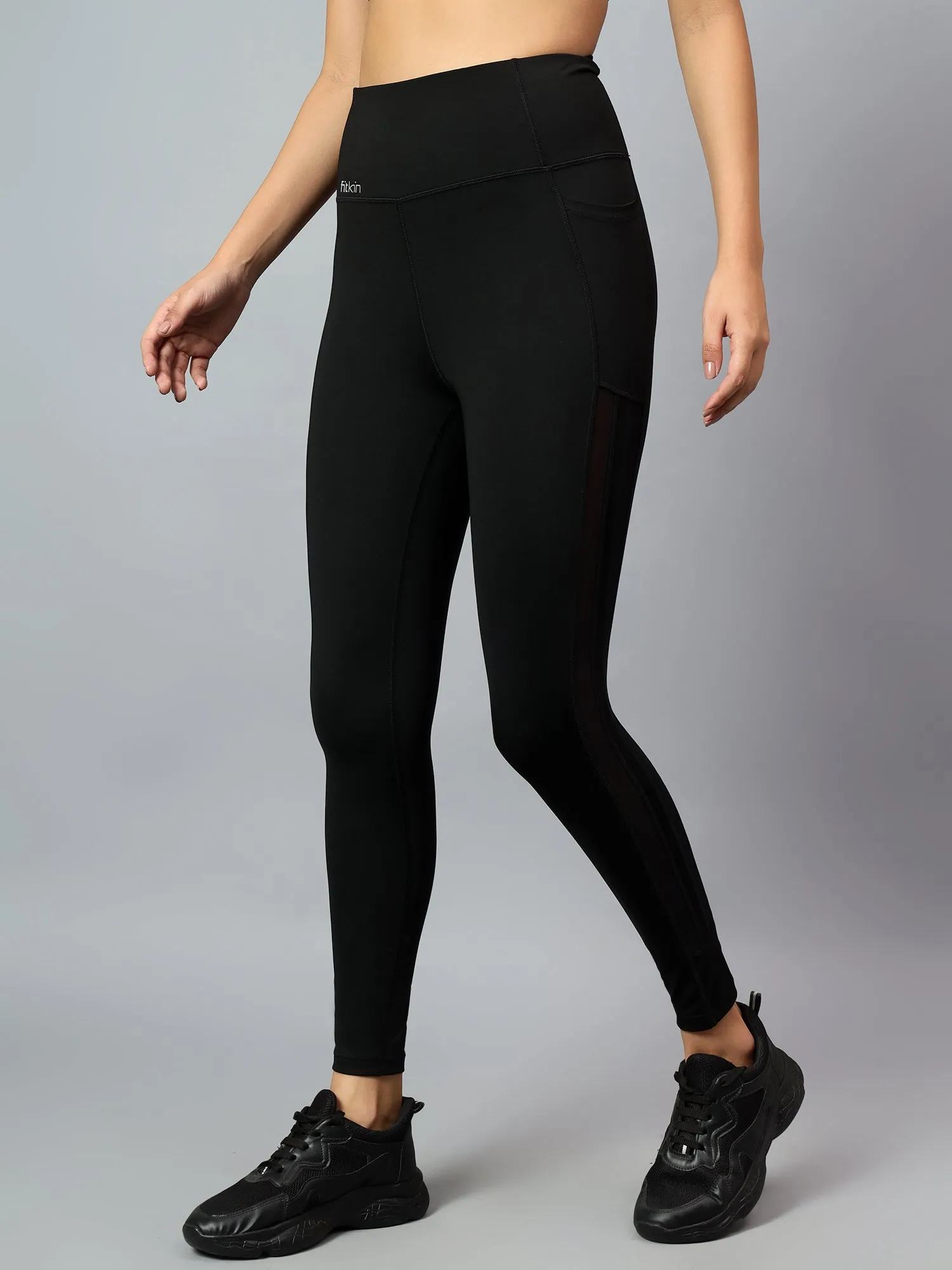 Fitkin Women's Black Side Stripe Biker Tights