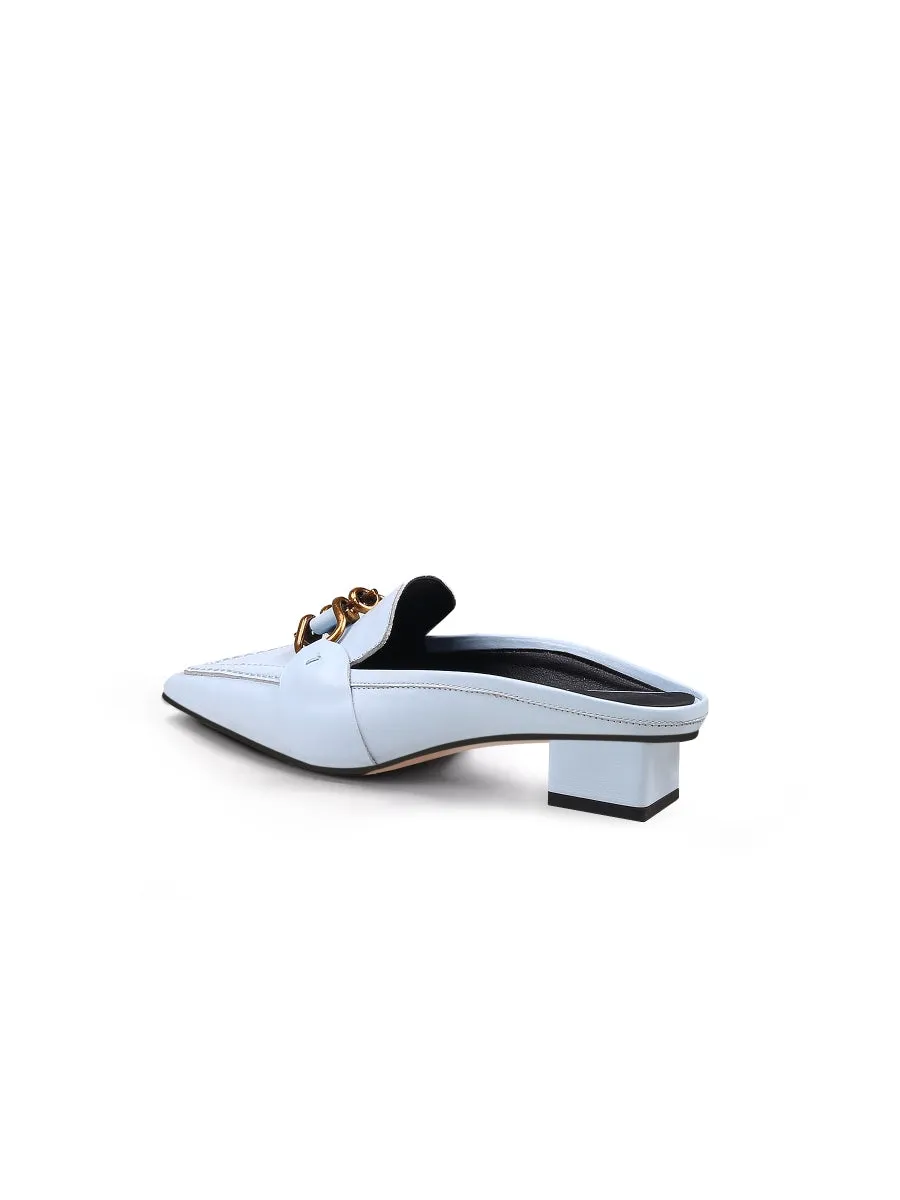 Genuine Leather Golden Lock Chain Mules Sandals - Baby Blue