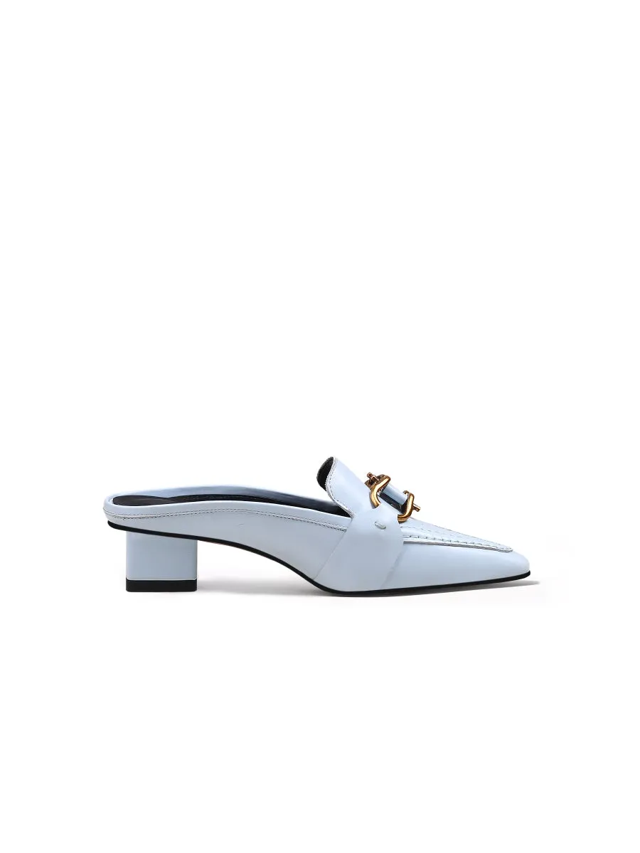 Genuine Leather Golden Lock Chain Mules Sandals - Baby Blue