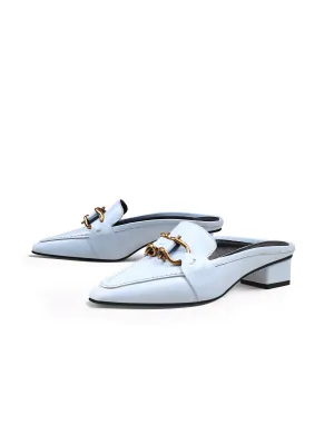 Genuine Leather Golden Lock Chain Mules Sandals - Baby Blue